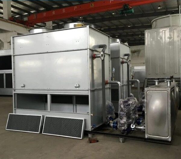 30 degree view of two finished counter flow closed circuit cooling towers / fluid coolers